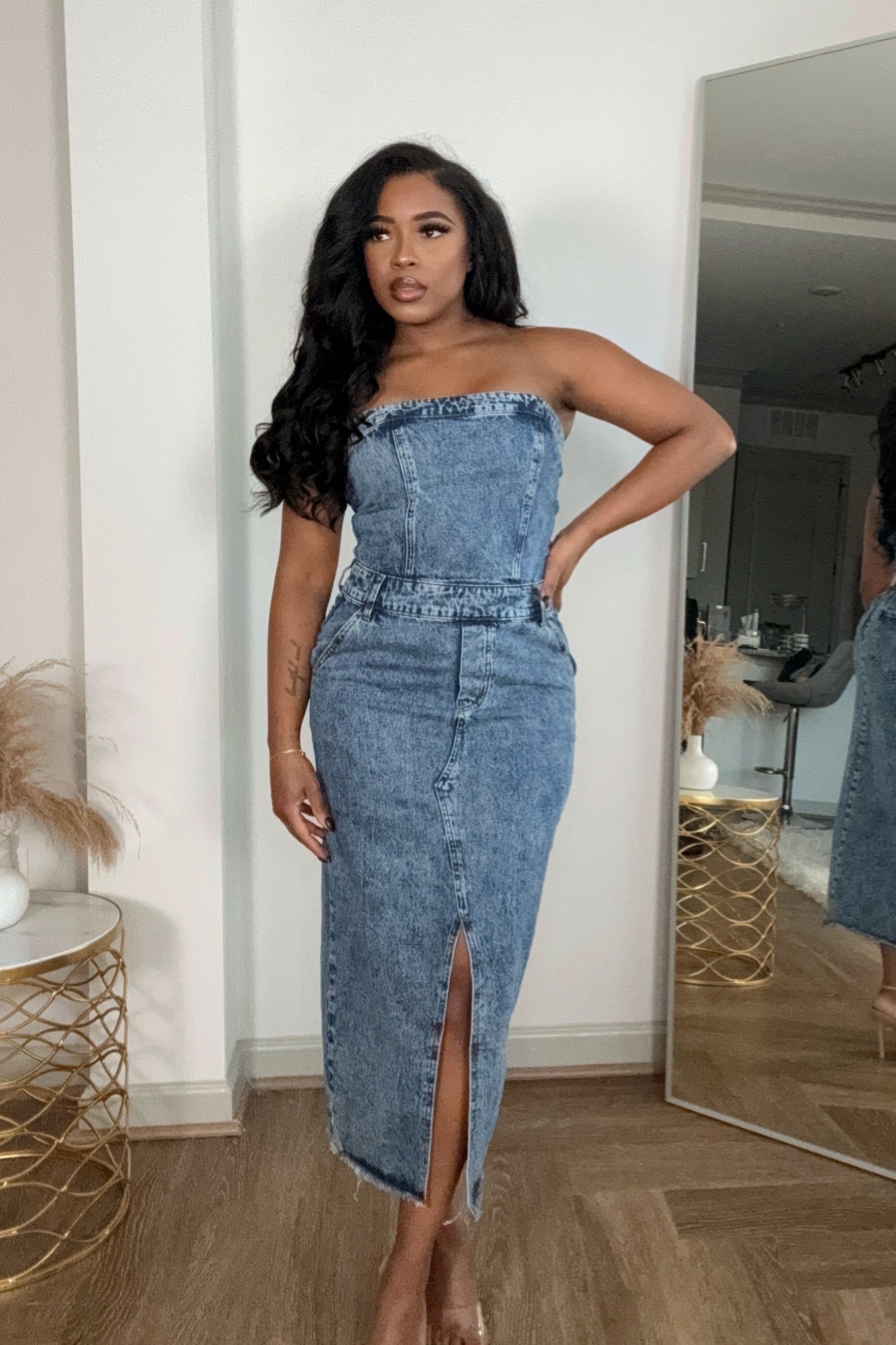 open lace back dress Sugarlips Jamie Stretch Denim High Waist Ruffle Coordinating Mini Skirt, Womens, XS, Mid Blue