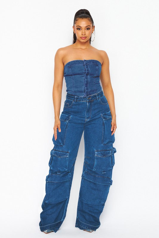 Amazon.com: Womens Strapless Denim Jumpsuit Women Off Shoulder Slim Fit  Flared Jeans Jumpsuits Rompers Tube Bodysuits : Clothing, Shoes & Jewelry
