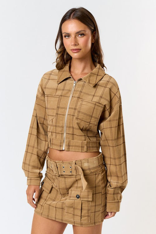 Plaid Crop Jacket Skirt Set