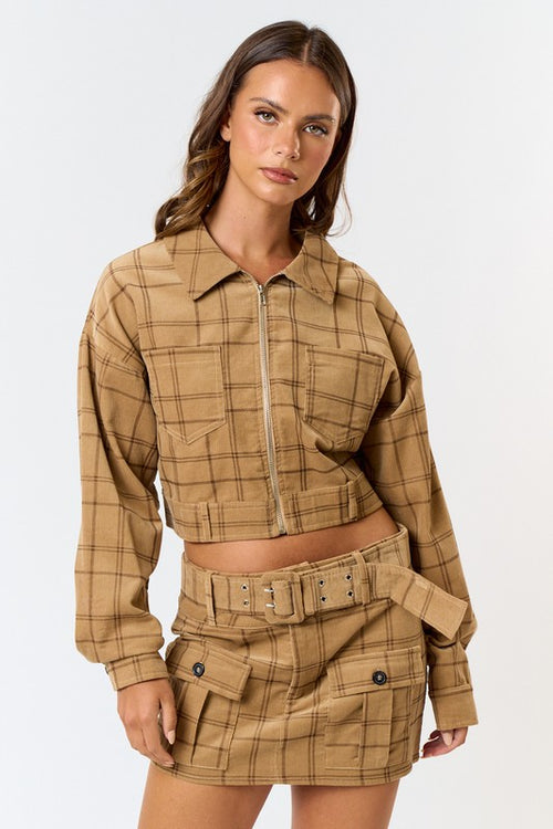 Plaid Crop Jacket Skirt Set