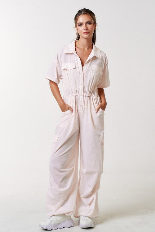 Bellamarie Cargo Drawstring Button Up Jumpsuit