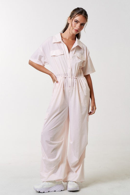 Bellamarie Cargo Drawstring Button Up Jumpsuit