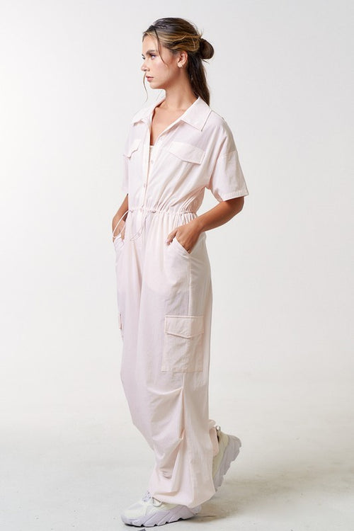 Bellamarie Cargo Drawstring Button Up Jumpsuit