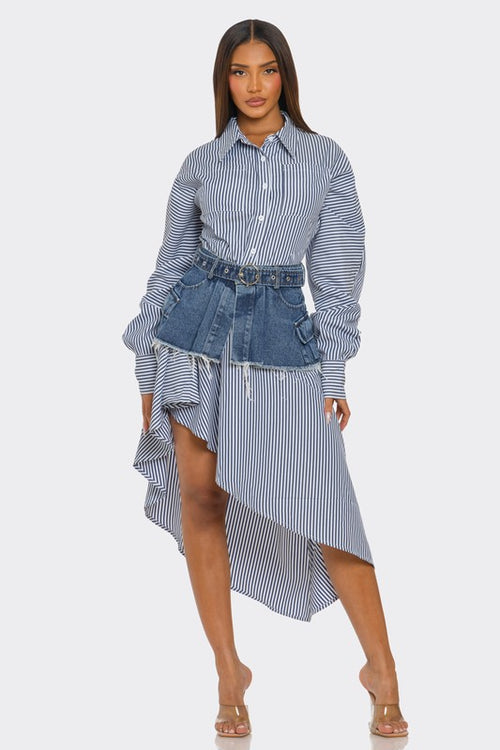 Striped Shirt Dress with Denim Corset