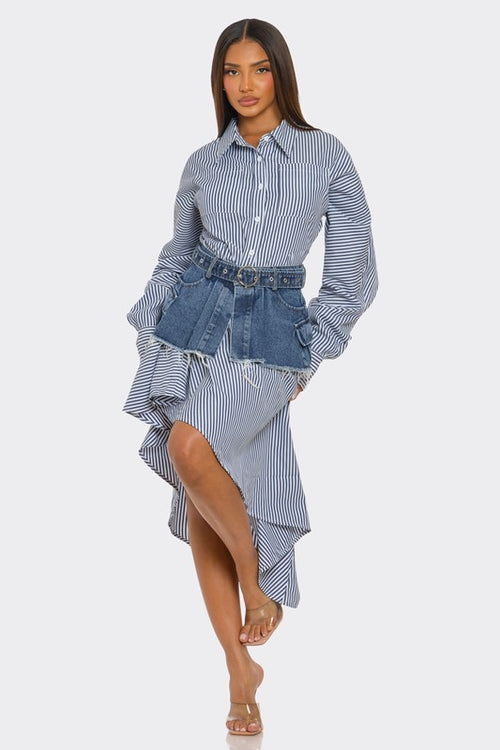 Striped Shirt Dress with Denim Corset