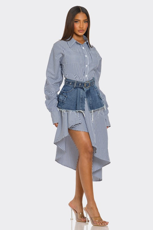 Striped Shirt Dress with Denim Corset