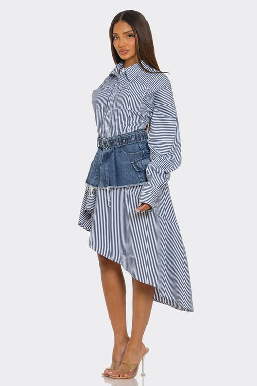Striped Shirt Dress with Denim Corset