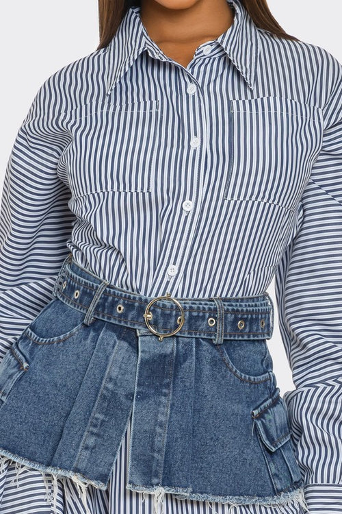 Striped Shirt Dress with Denim Corset