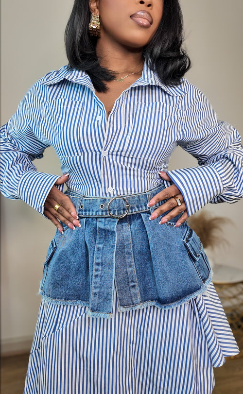 Striped Shirt Dress with Denim Corset