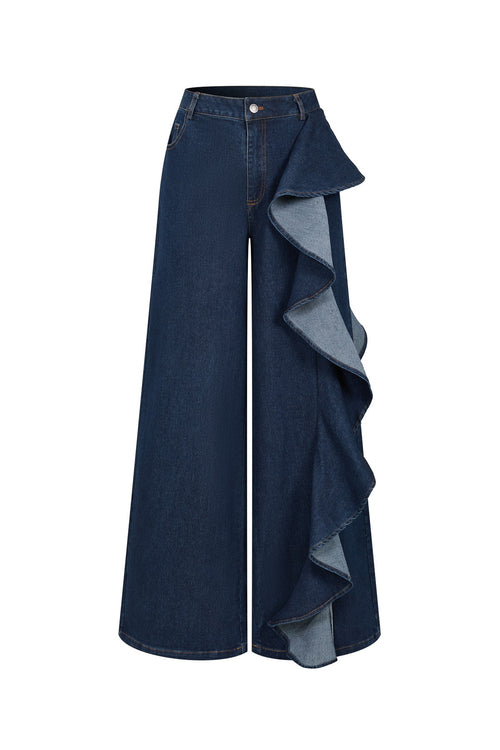 Runway Ruffle Wide-Leg Denim Pants