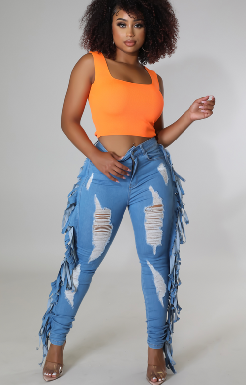 Jayesha Fringe Denim Jeans in Blue