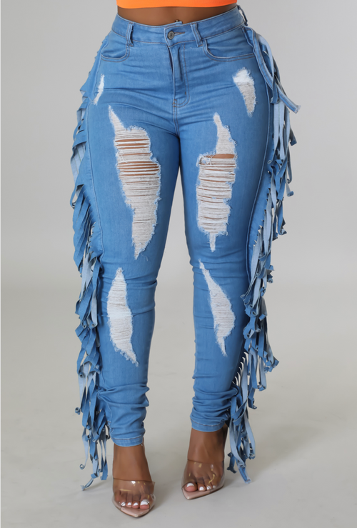 Jayesha Fringe Denim Jeans in Blue