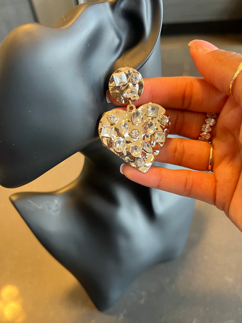 Stone Embellished Crushed Metal Heart Dangle Earrings