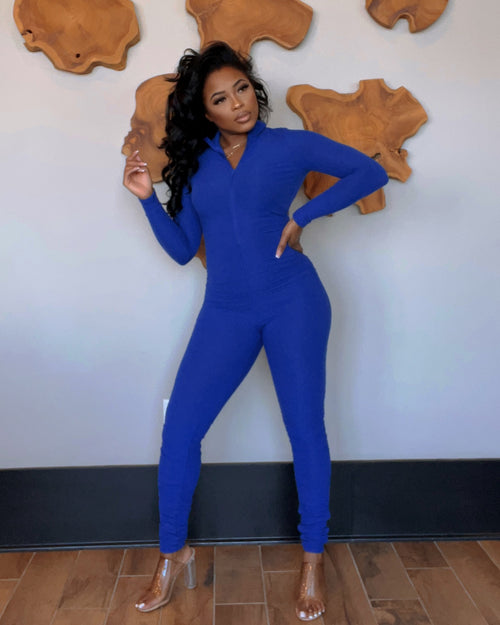 Knit Ribbed Zipper Full Catsuit (Blue)