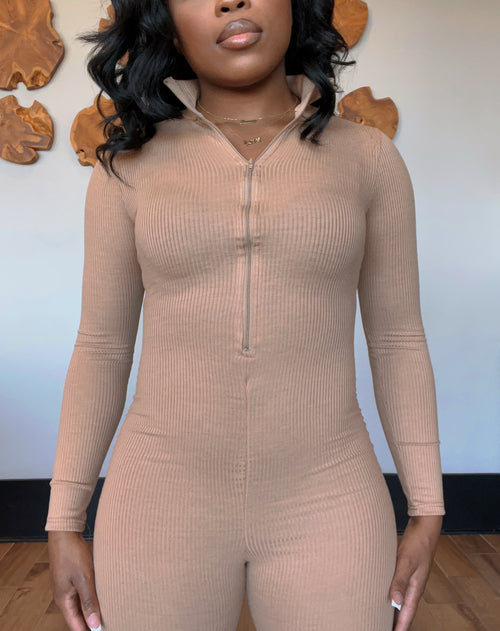 Knit Ribbed Zipper Full Catsuit (Taupe)